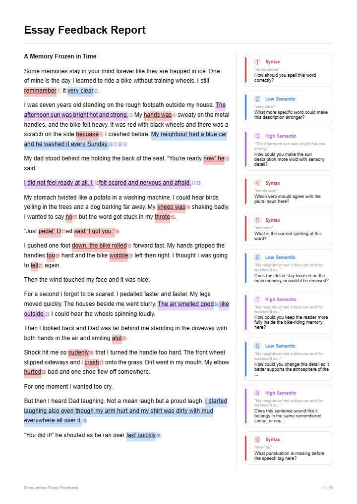 Report page 1 — the marked essay with margin annotations