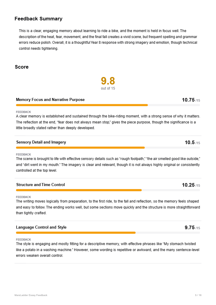 Report page 2 — feedback summary, score 9.8 out of 15, and weighted criteria