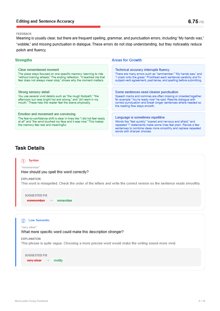 Report page 3 — Strengths, Areas for Growth, and Task Details
