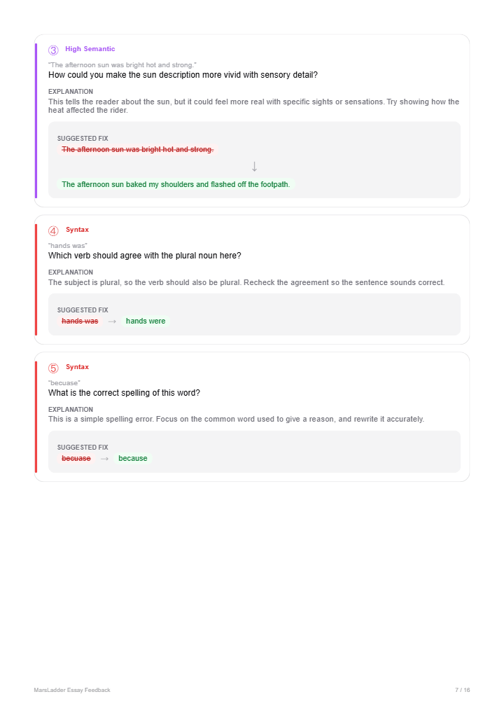 Report page 4 — per-issue detail with suggested fixes