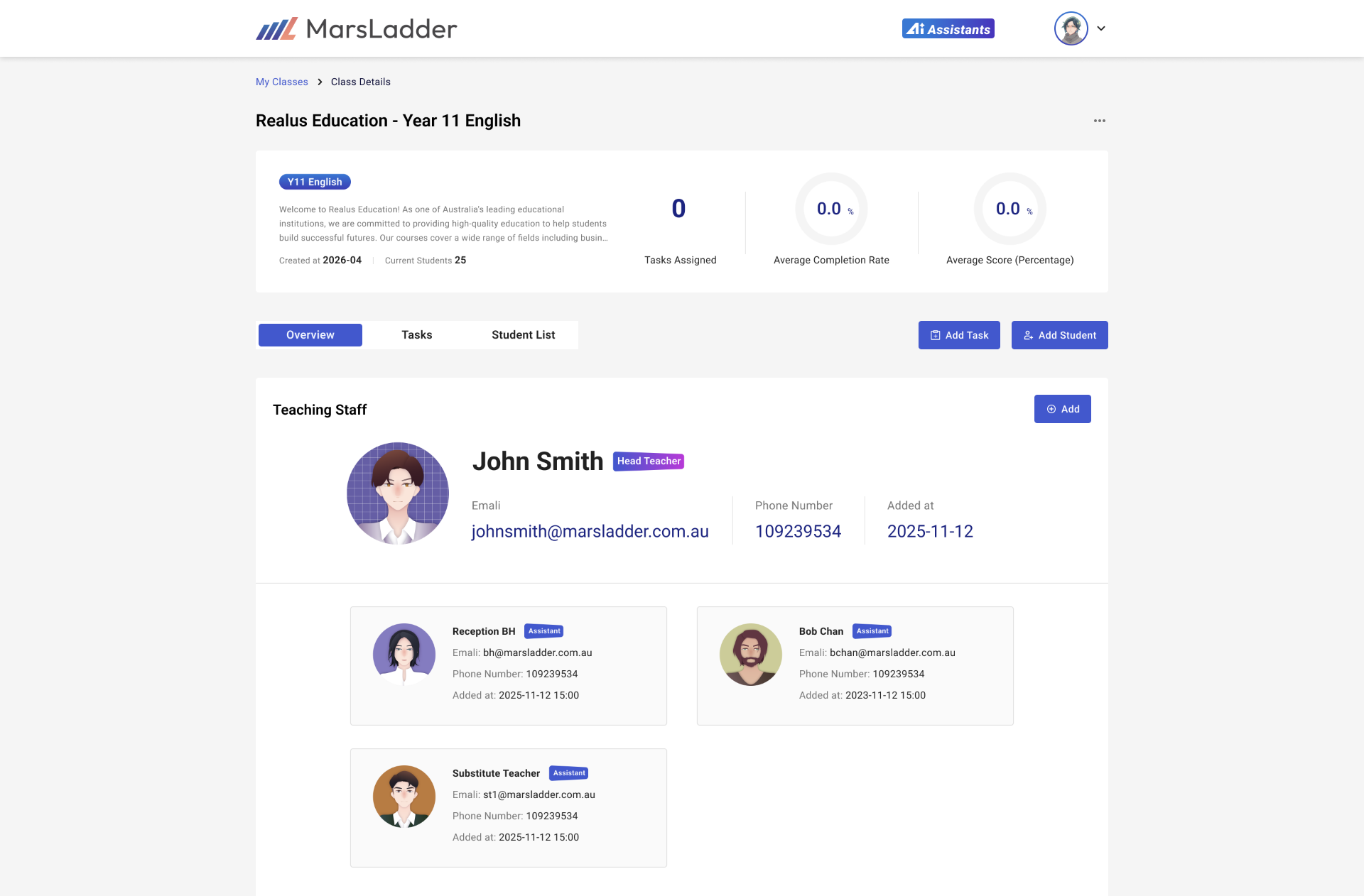 Class details — head teacher and assistants, roster and class roles in one place