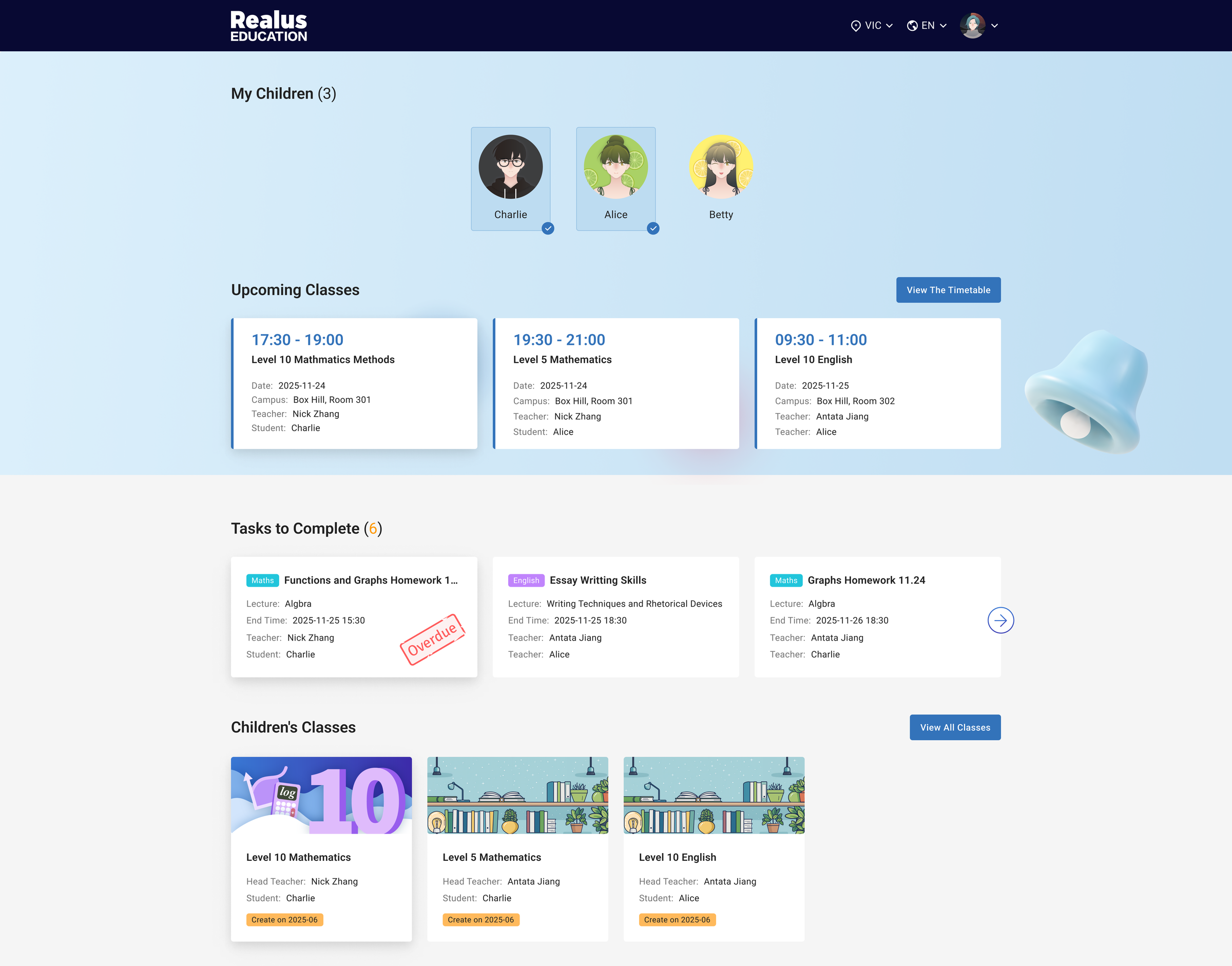 Parent homepage — children, upcoming classes, tasks to complete and class performance