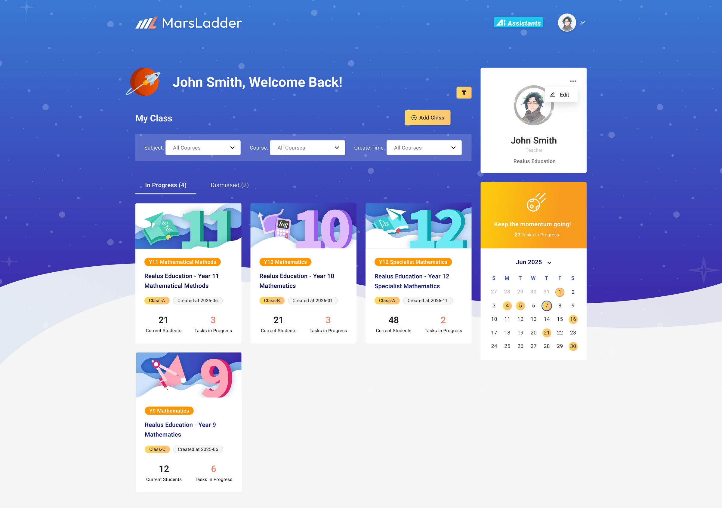 MarsLadder teacher dashboard — every class, the term calendar and the roster on one command surface