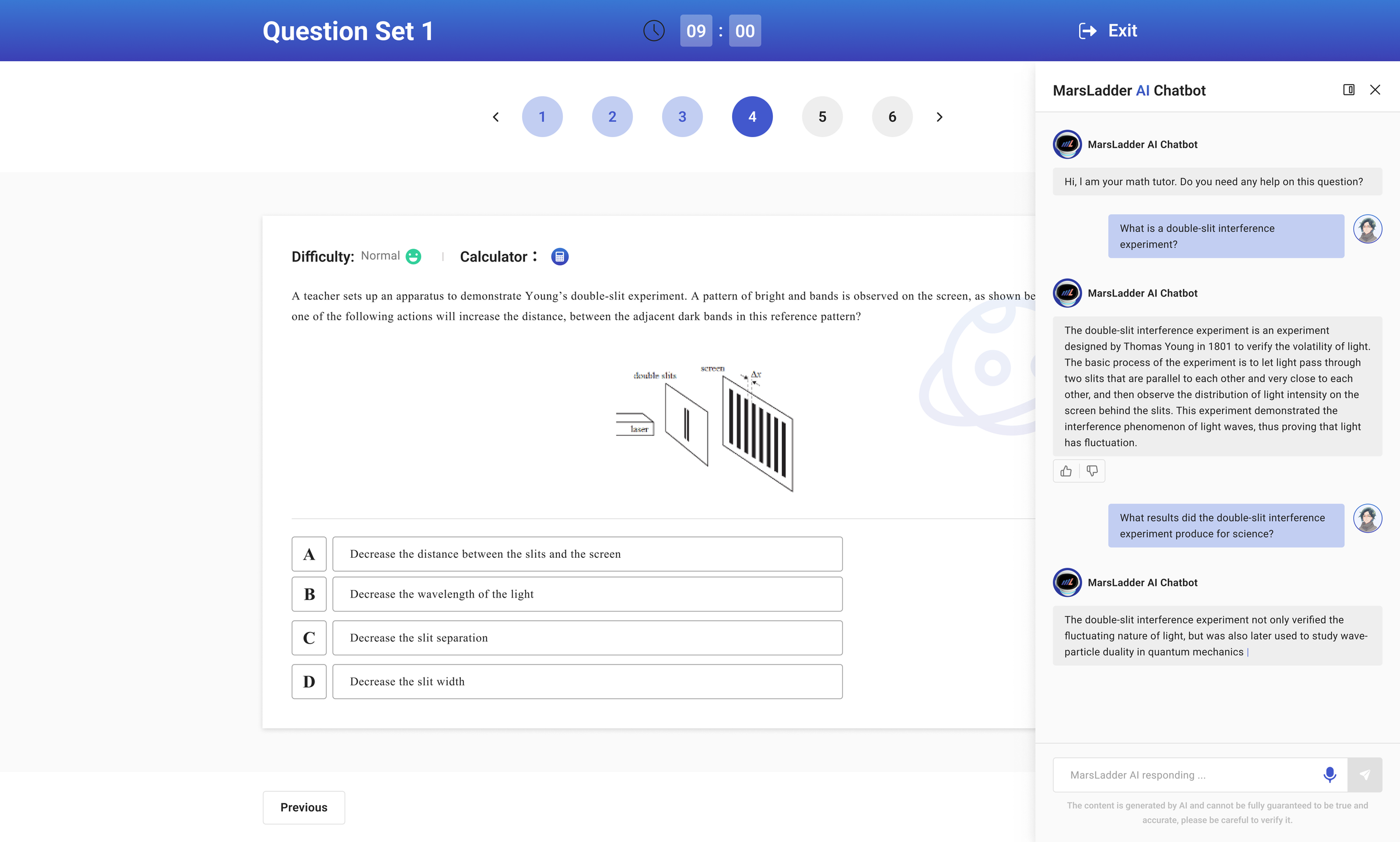 MarsLadder AI chatbot docked beside the question — a text Q&A as the student works