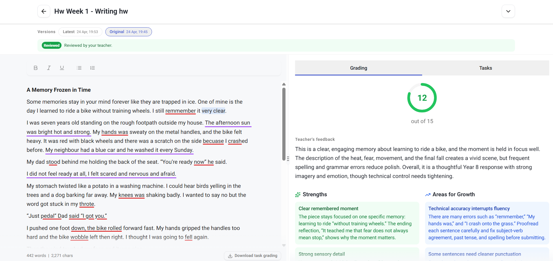 The real MarsLadder grading screen — the marked essay with inline highlights, a 12 out of 15 score, the teacher's feedback, and Strengths and Areas for Growth columns